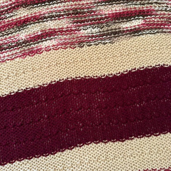 Handmade Knit Afghan Throw Blanket 48 x 45 Burgundy Tan Brown Striped - Picture 5 of 9